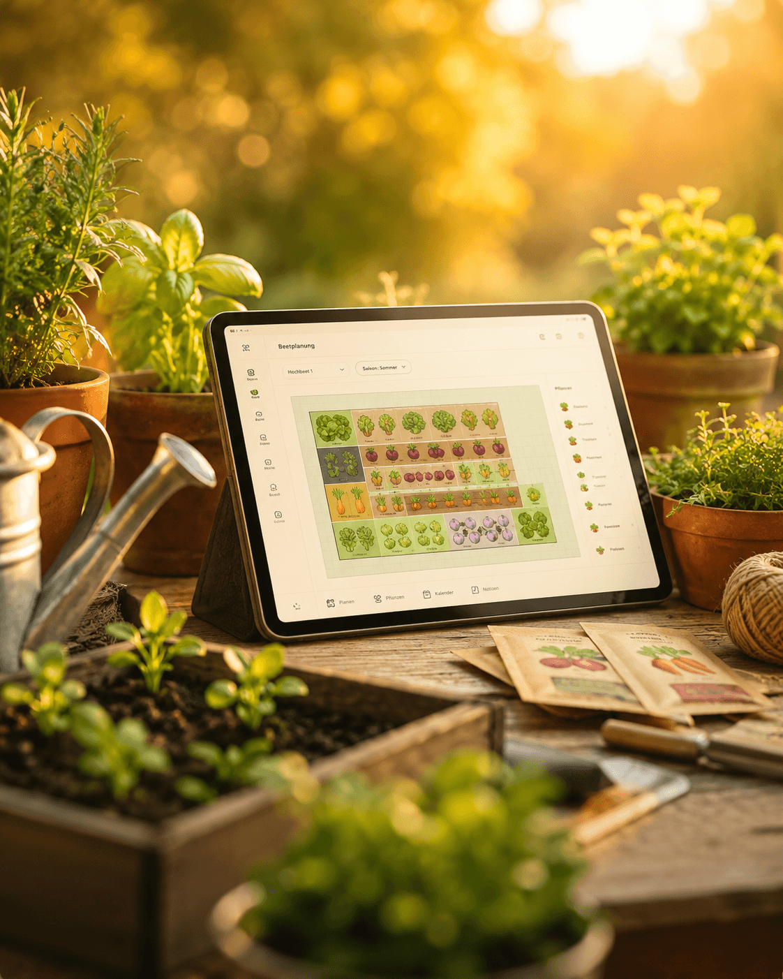 Beetplanung auf einem Tablet mitten im Gemüsegarten