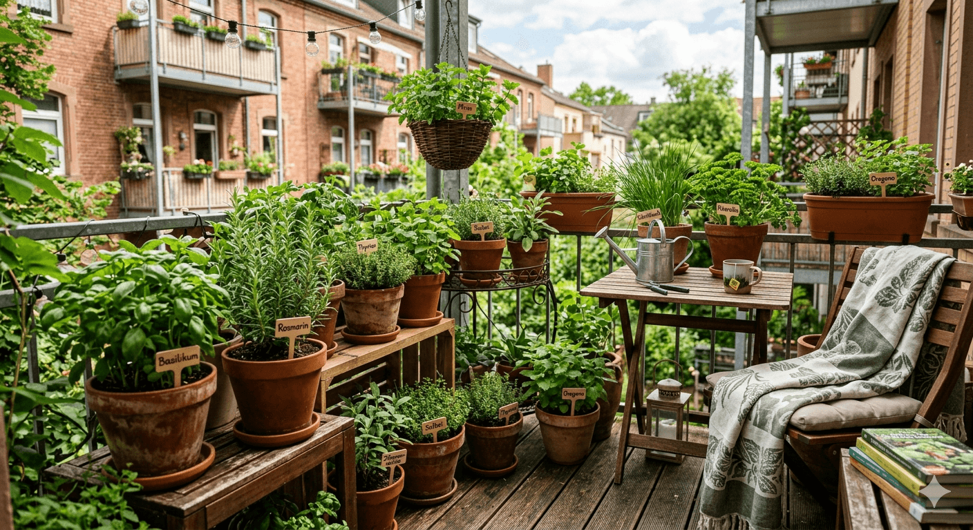 Kräutergarten auf dem Balkon – verschiedene Kräuter in Töpfen