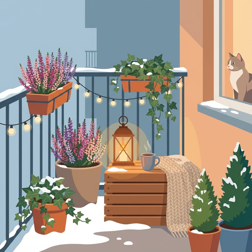Illustration: Bunter Winterbalkon mit Pflanzen und Deko