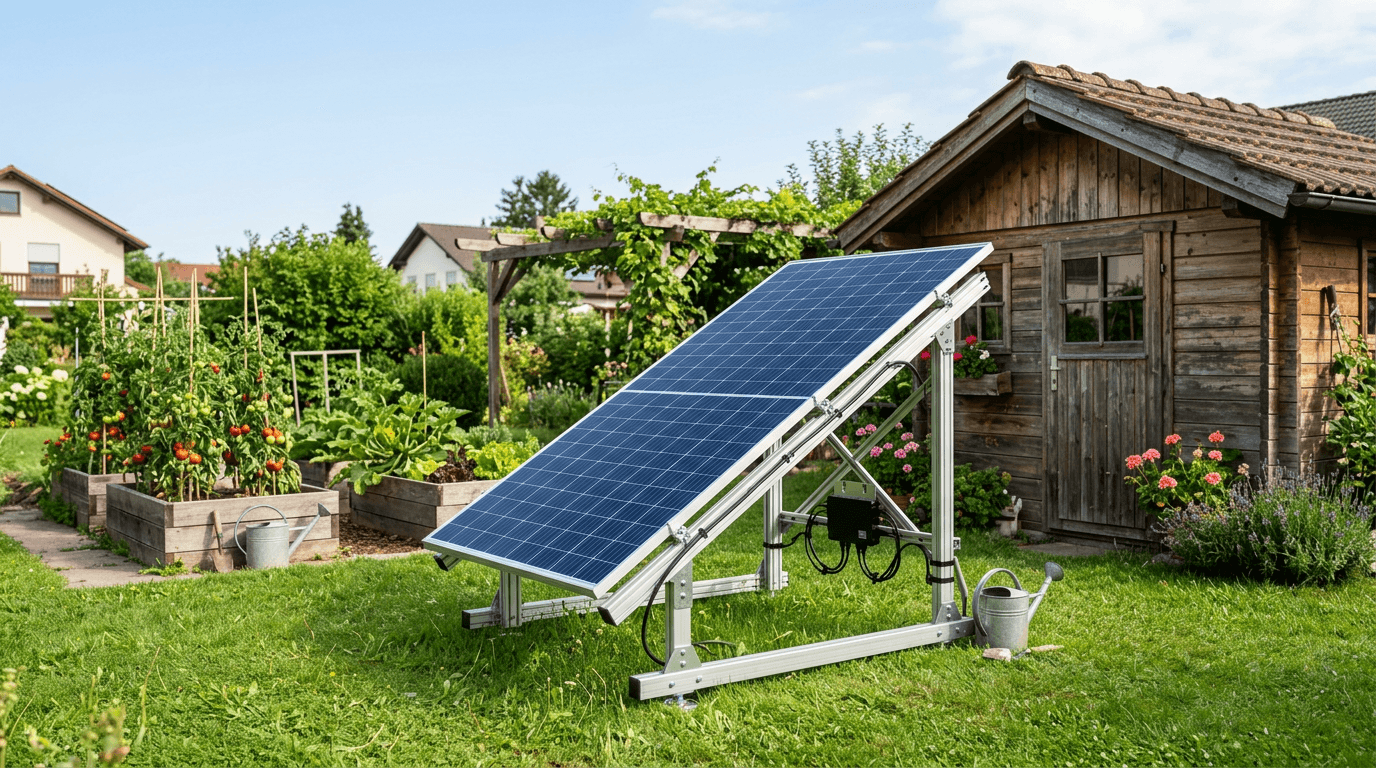 Balkonkraftwerk im Garten auf Aluminium-Flachdachhalterung neben einem Gartenhaus