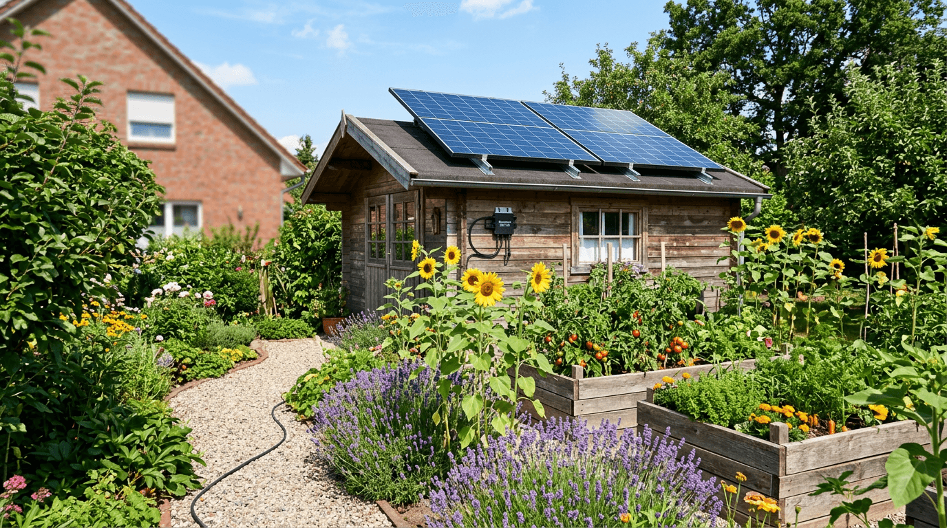 Balkonkraftwerk auf dem Dach eines Gartenhauses mit Hochbeet im Vordergrund