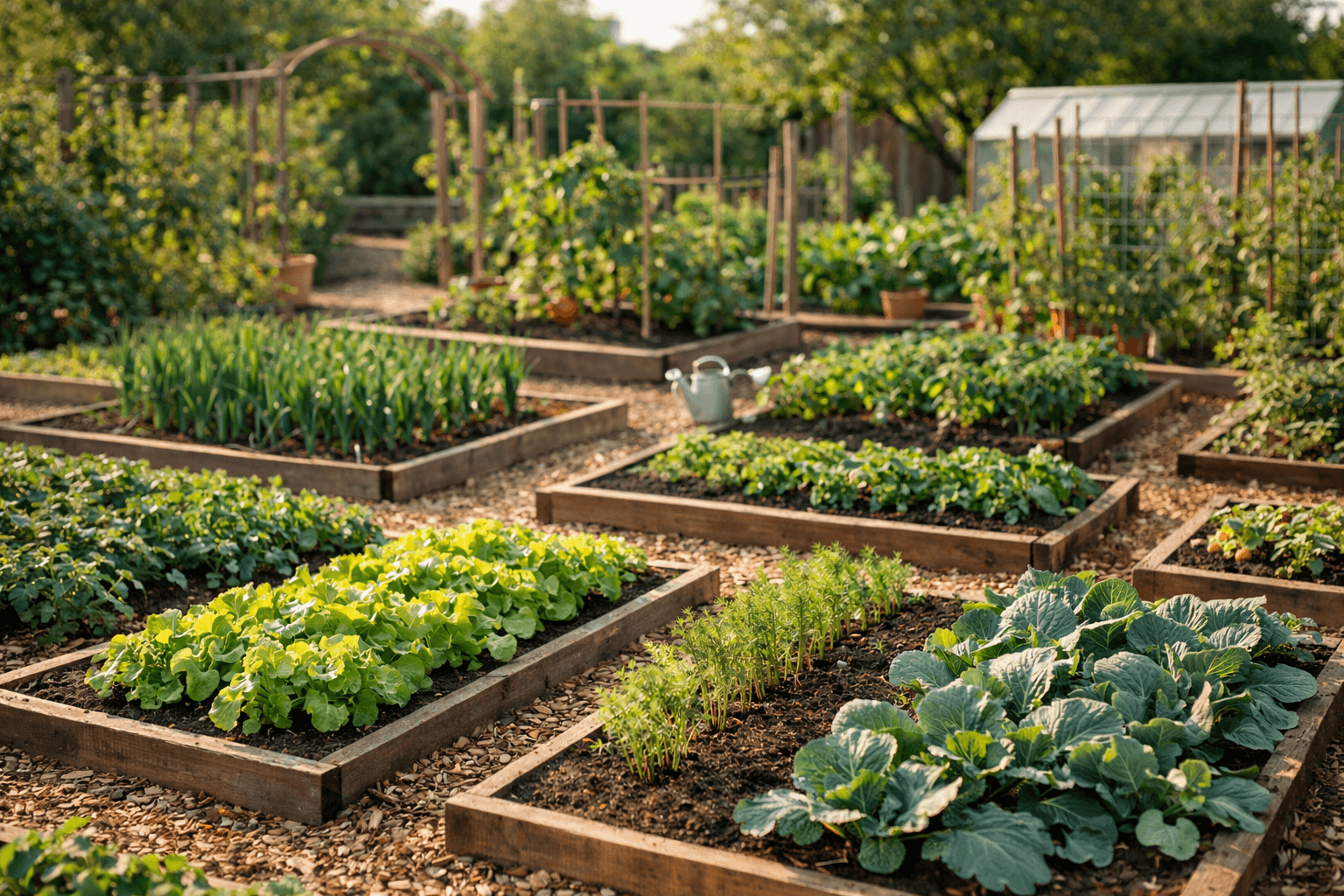 Übersichtlicher Beetgarten mit verschiedenen Beeten
