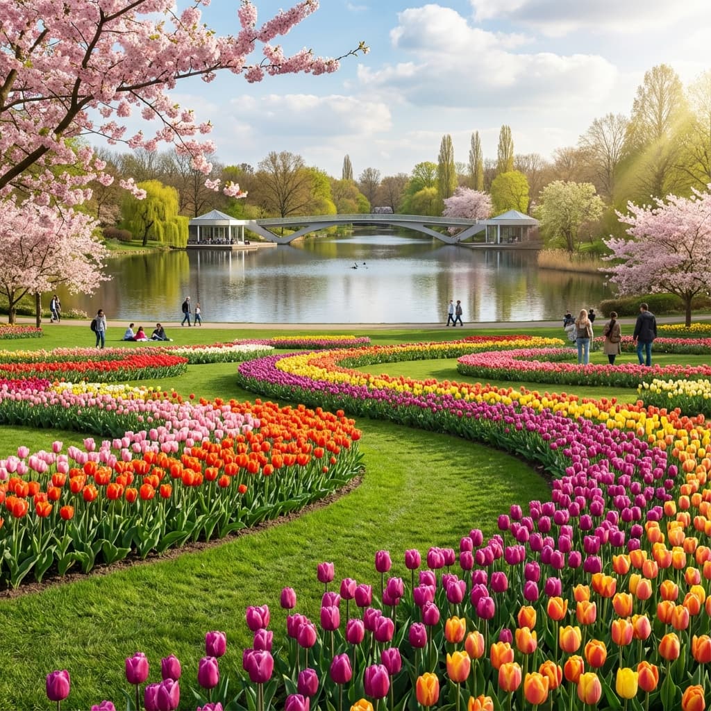 Parkähnliche Gartengestaltung mit großen Tulpenbeeten