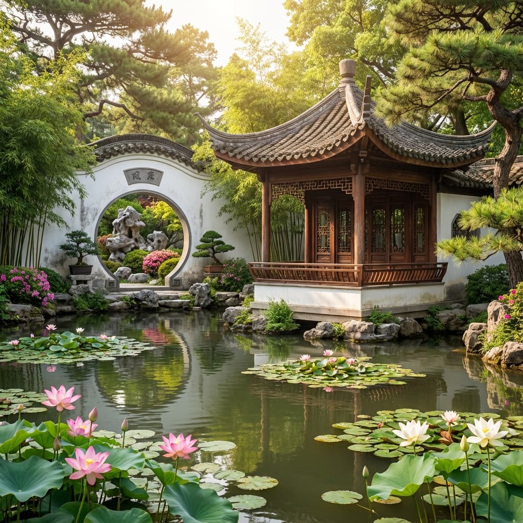 Malerischer chinesischer Garten mit Teich und Felsen