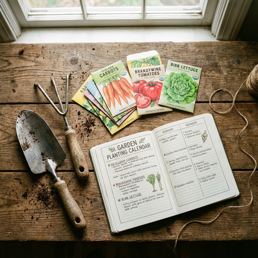 Gartenwerkzeug und Samentüten auf Holztisch