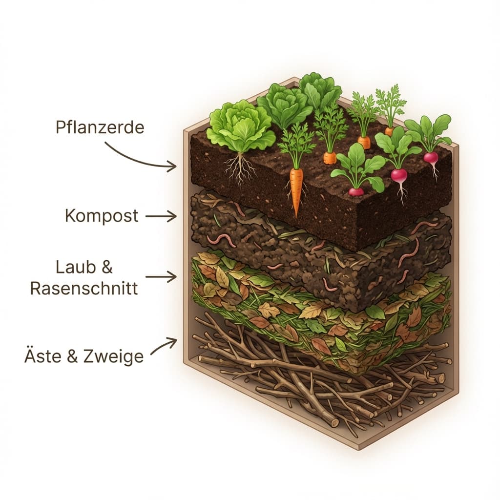 Schema des Schichtenaufbaus eines Hochbeets - Drainage, Grünschnitt, Kompost und Gartenerde