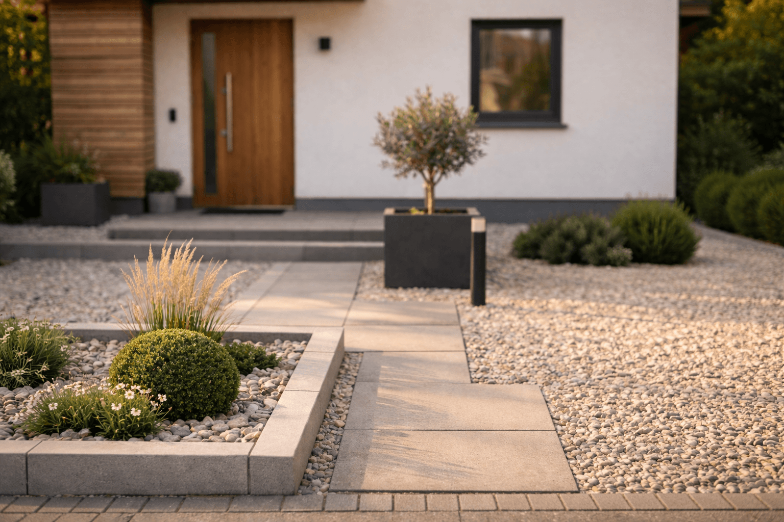 Kleiner Vorgarten modern gestaltet mit Kies und Pflanzen