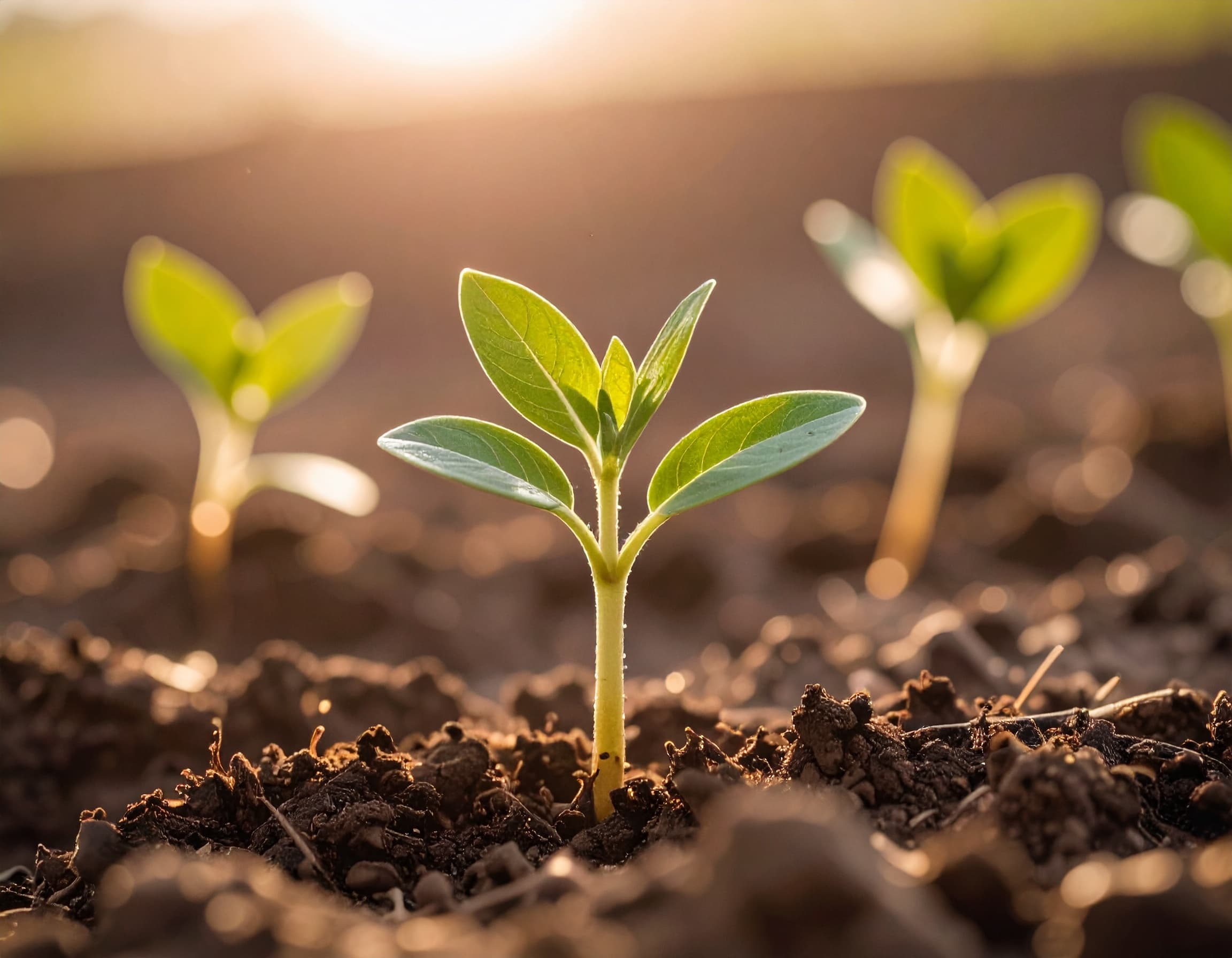 Jungpflanzen sprießen auf einem Beet im frühen Frühling