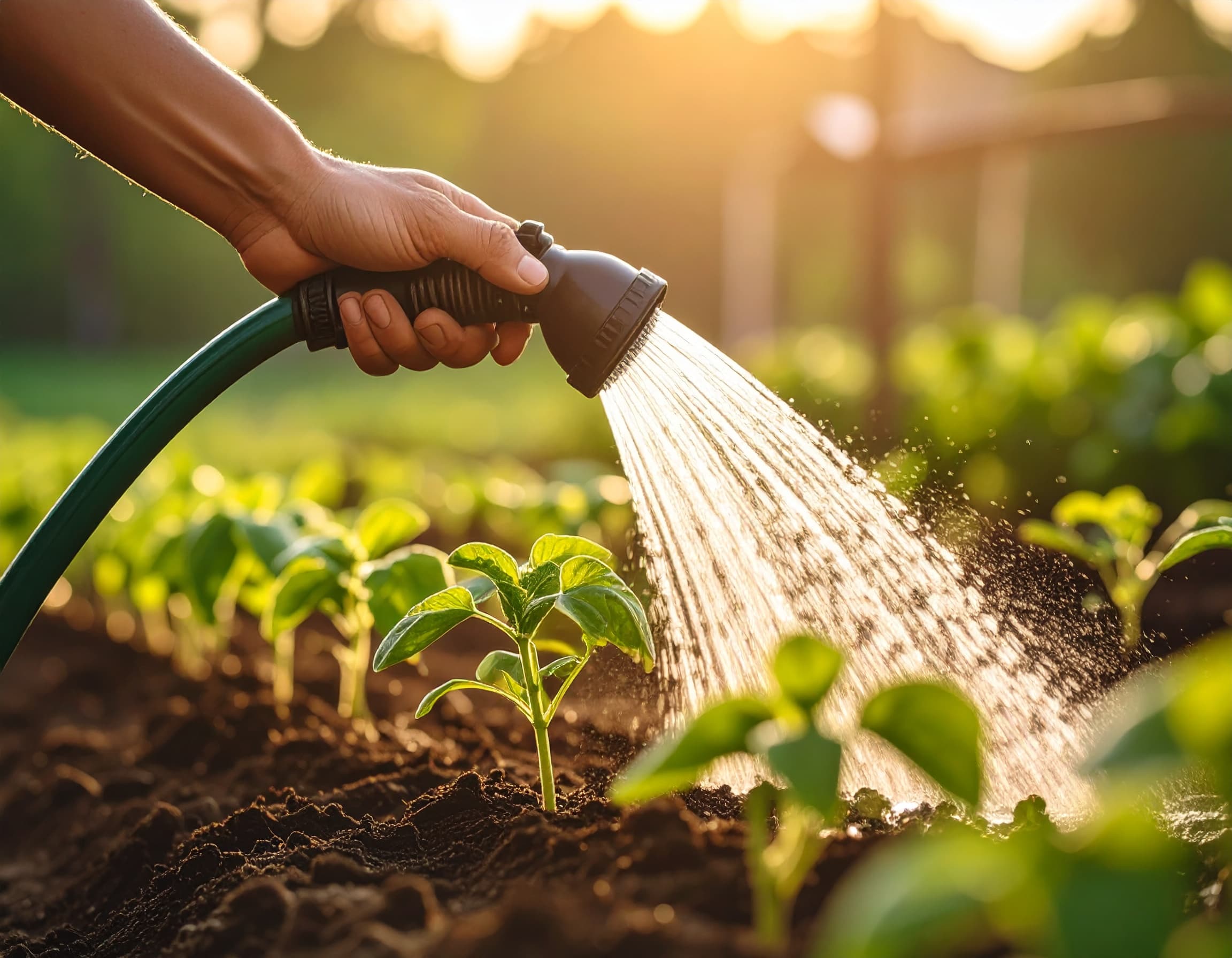 Hand hält einen Gartenschlauch und bewässert junge Pflanzen in einem Gemüsegarten