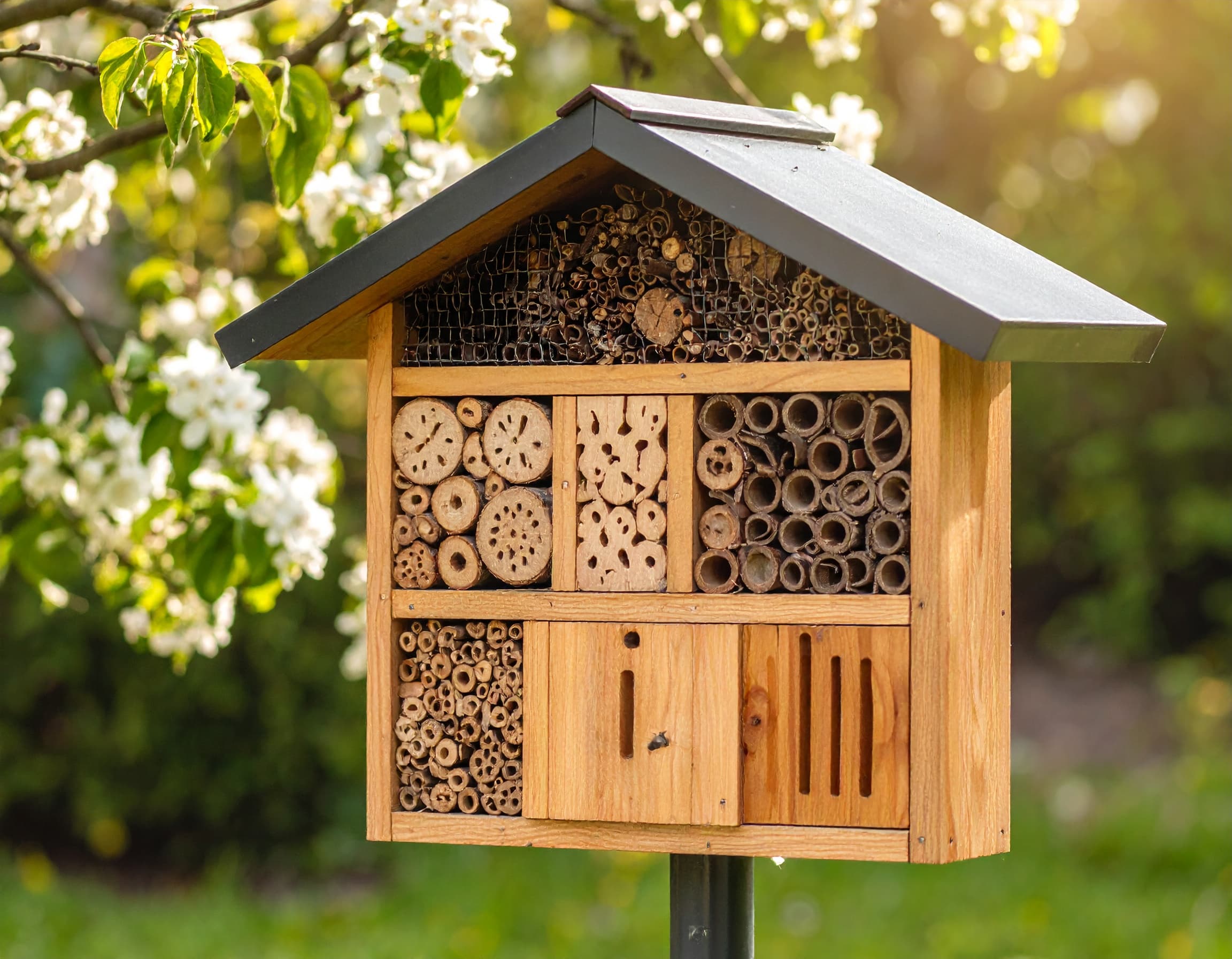 Insektenhotel in einem blühenden Garten
