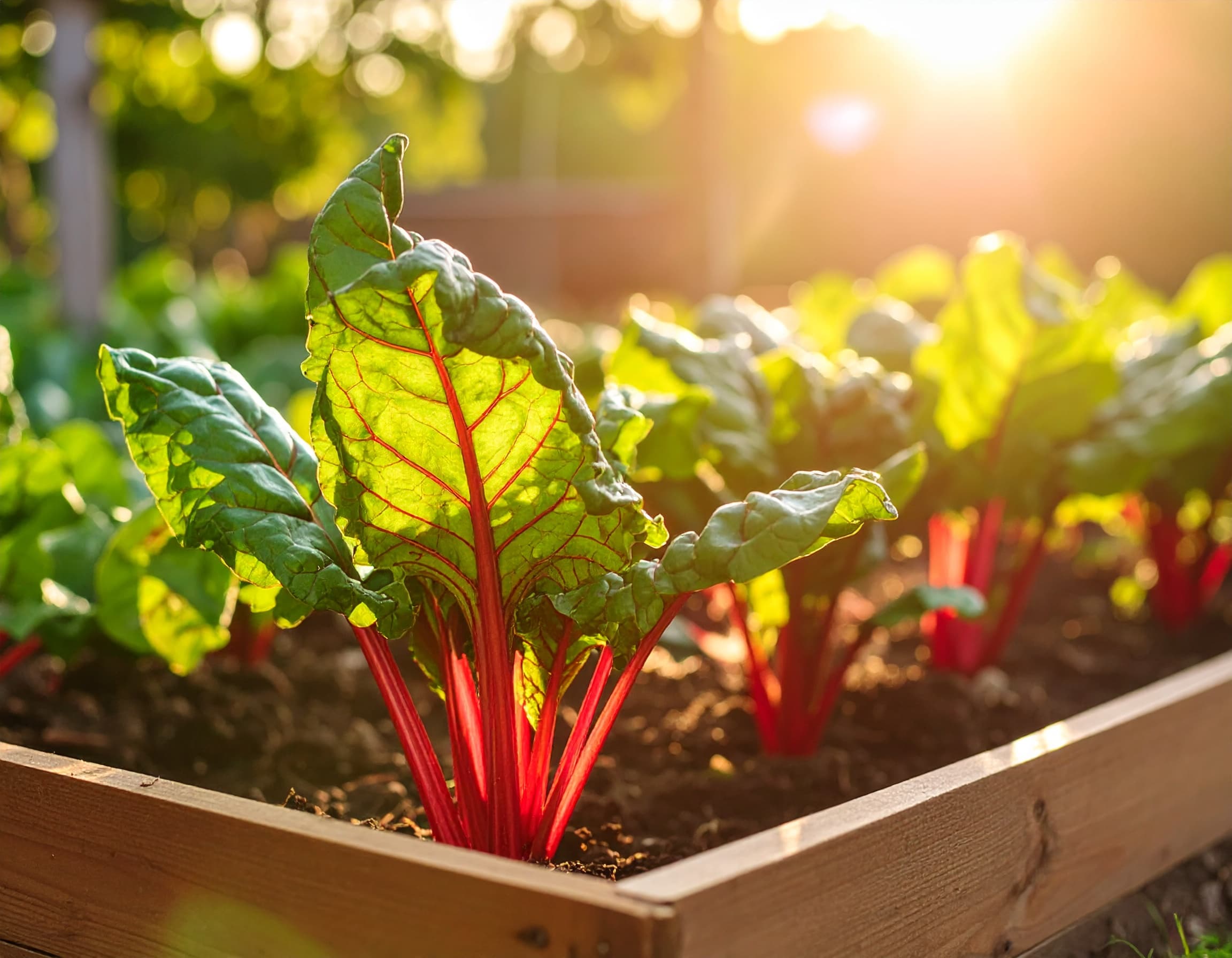 Frischer Mangold im Beet bei Sonnenschein - ein Beispiel für hitzeresistente Gemüsesorten