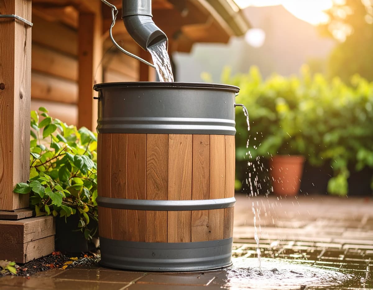 Regentonne unter einem Fallrohr am Haus