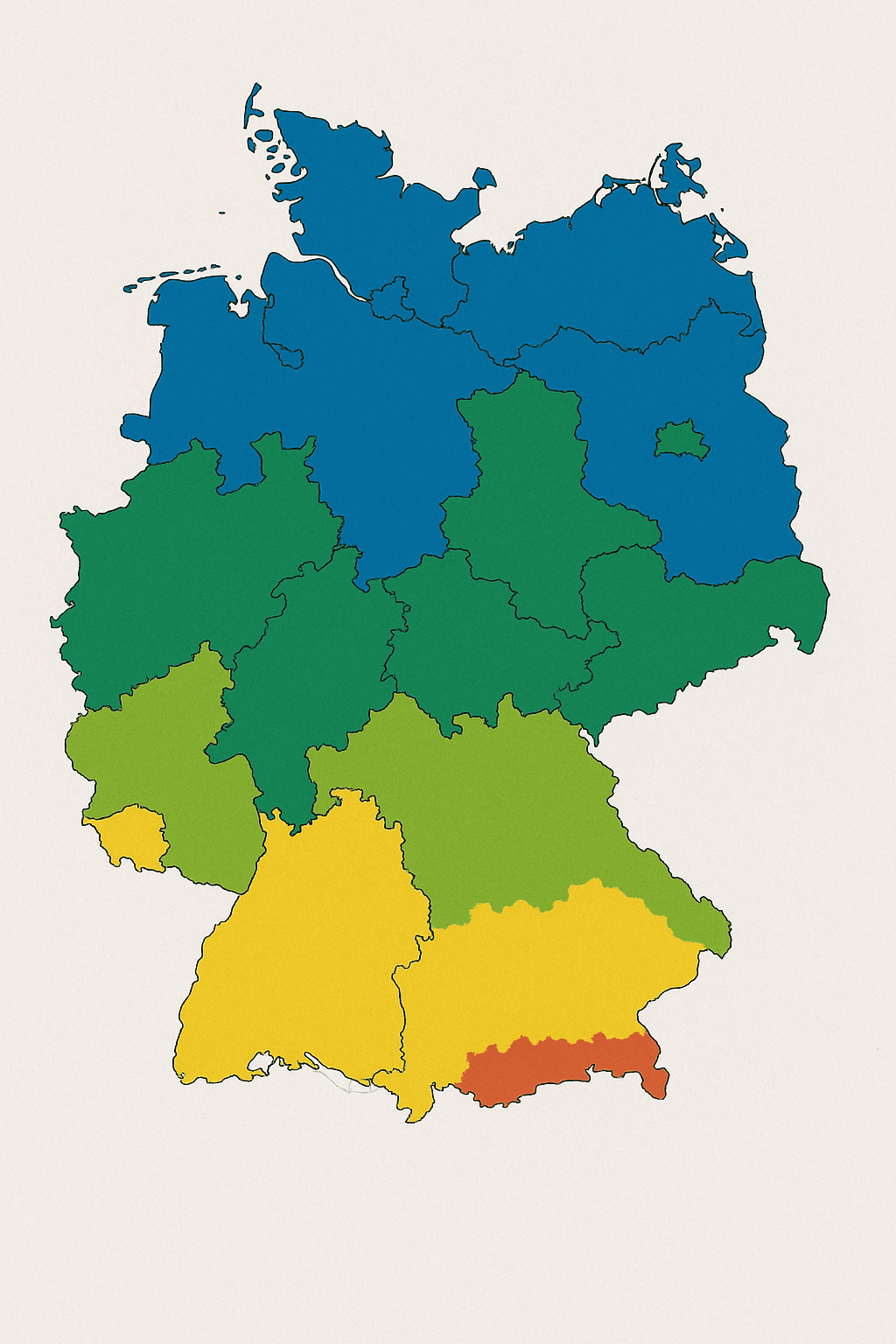 Eine Wetterkarte mit verschiedenen farbigen Zonen, die unterschiedliche Klimazonen in Deutschland darstellen