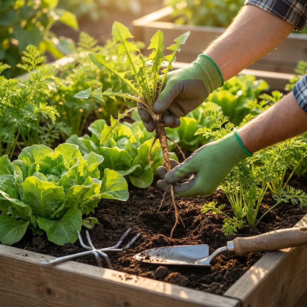 Hände beim Unkrautjäten im Gemüsebeet