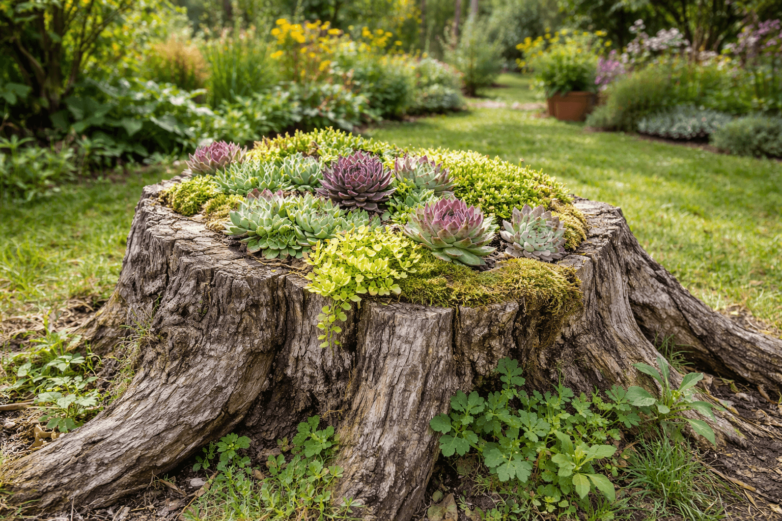 Wurzelstock bepflanzen – Baumstumpf mit Hauswurz und Sedum