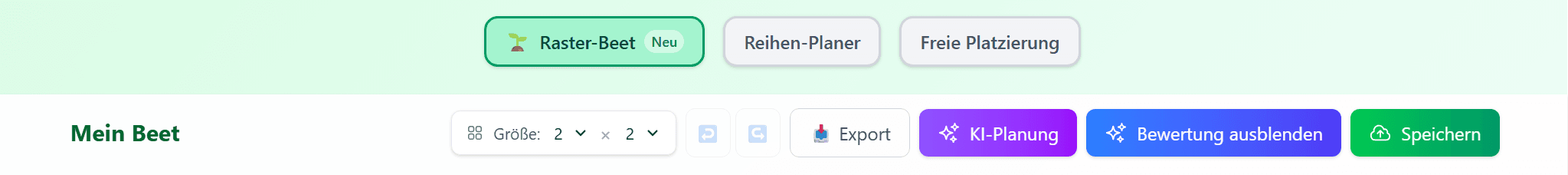 Die intuitive Werkzeugleiste des Beetplaners mit Modus-Auswahl und KI-Planung