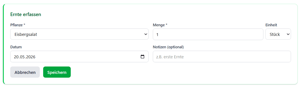 Ernte erfassen mit Pflanze, Menge, Einheit und Notizen