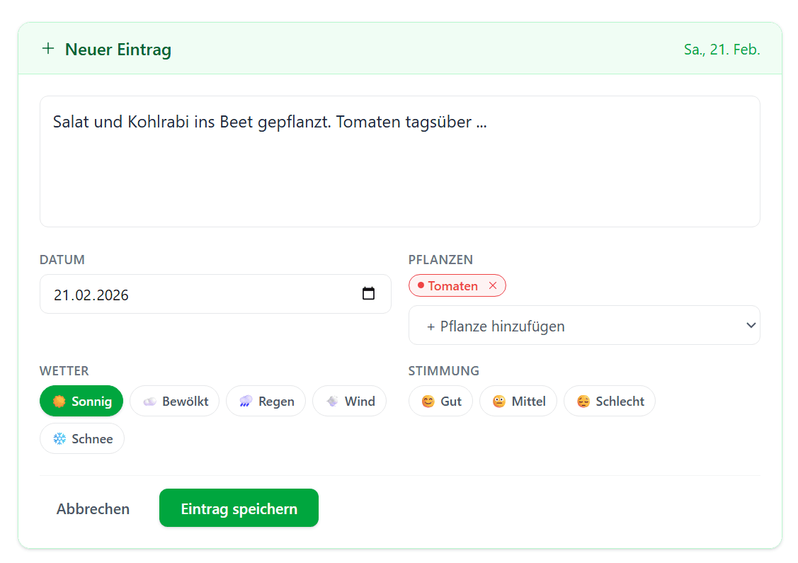 Neuen Tagebuch-Eintrag erstellen mit Wetter, Stimmung und Pflanzen-Verknüpfung