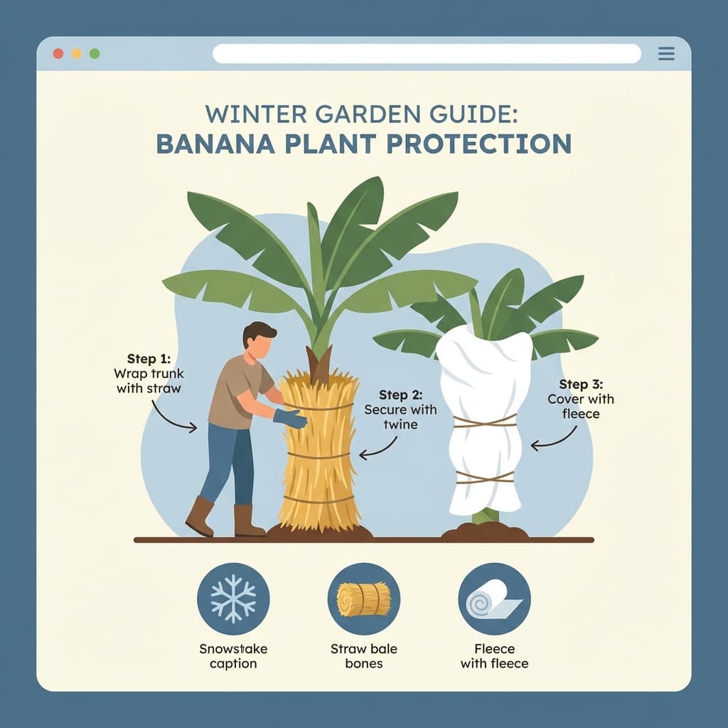 Illustration: Winterschutz Banane mit Laub gefüllt