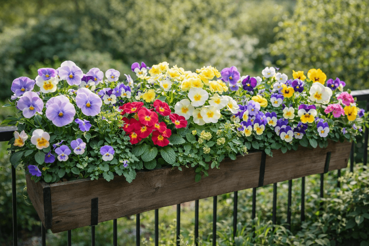 Blumenkasten im Frühling mit farbenfroher Bepflanzung