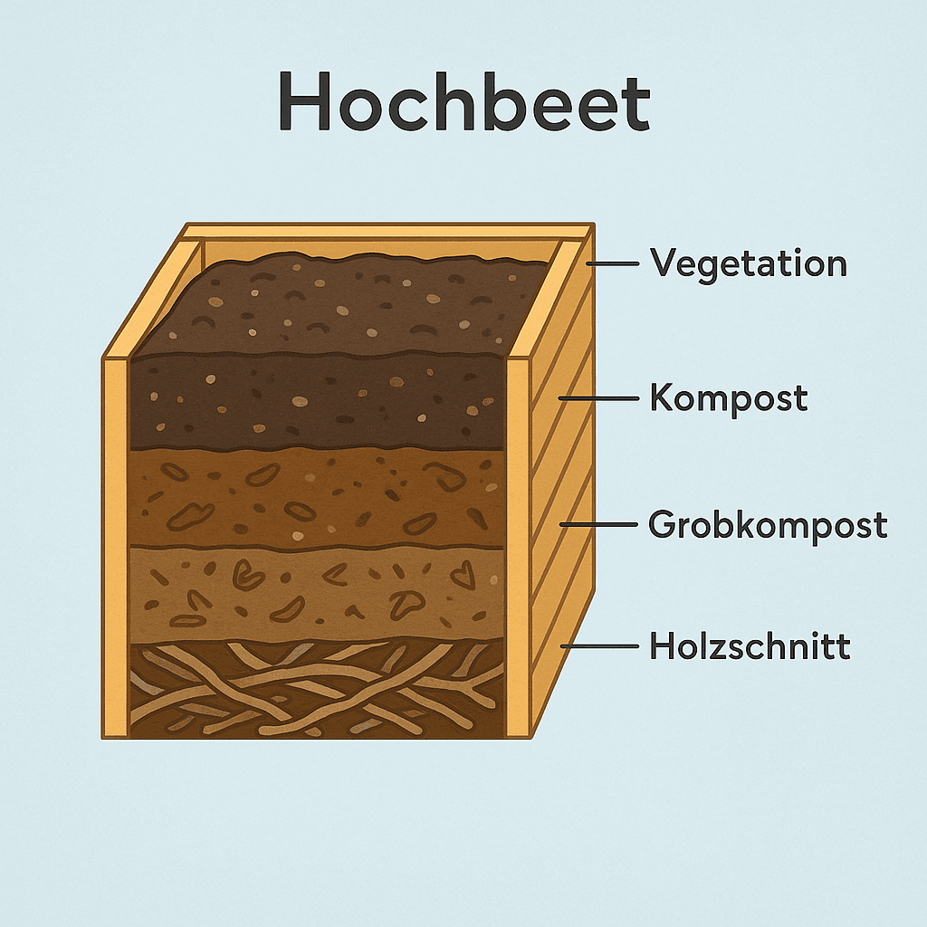 Schema des Schichtenaufbaus eines Hochbeets - Drainage, Grünschnitt, Kompost und Gartenerde