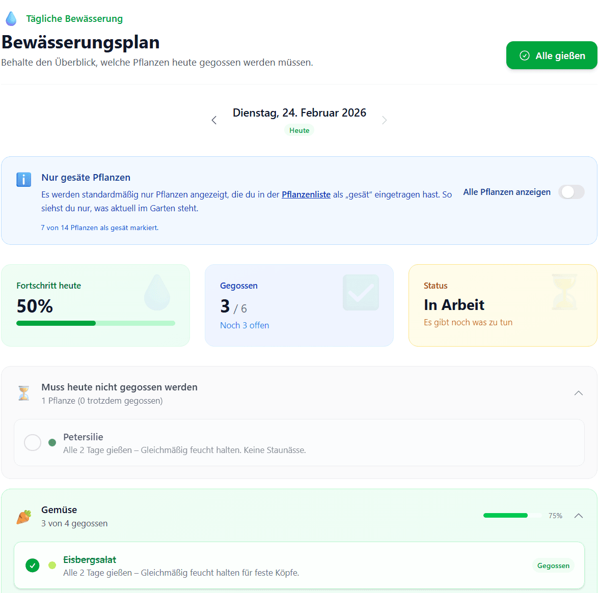 Bewässerungsplan mit täglicher Gieß-Checkliste und Fortschrittsbalken