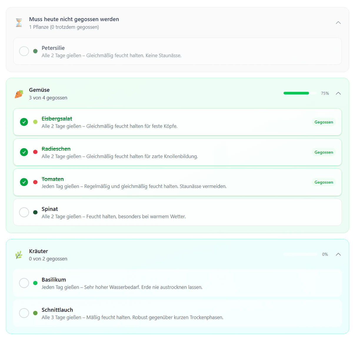 Bewässerungstipps mit Kategorie-Empfehlungen für Gemüse, Obst und Kräuter