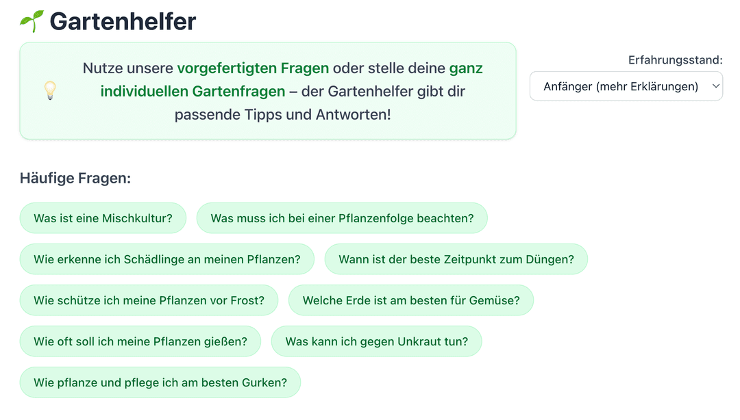 Vordefinierte Fragen und Erfahrungseinstellung im Gartenhelfer