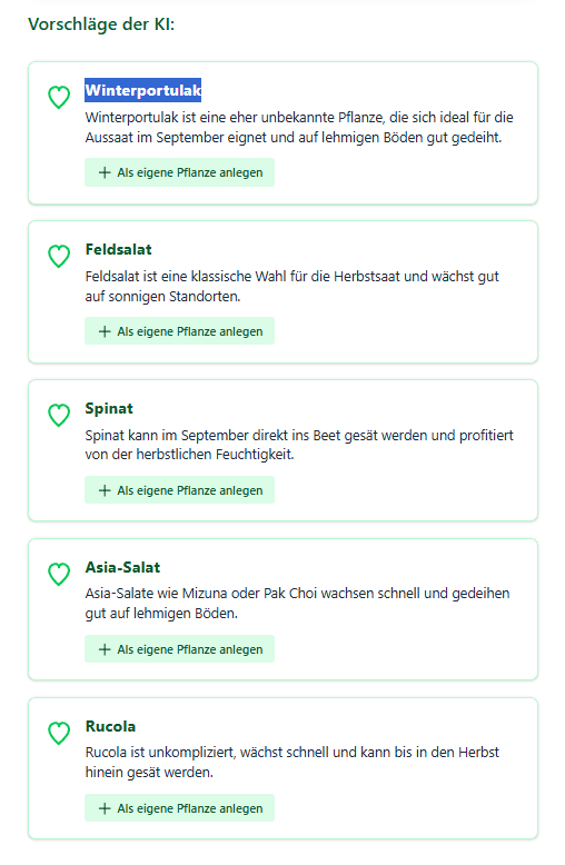 Beispiel für KI-generierte Pflanzvorschläge