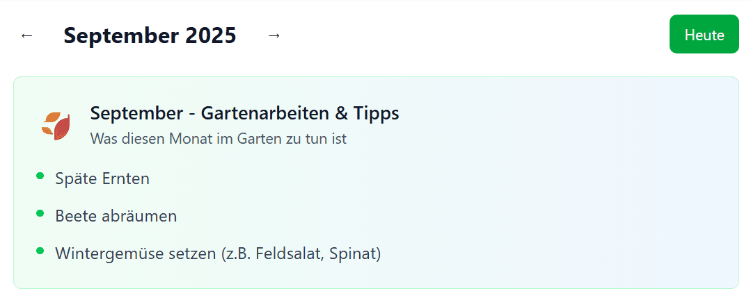 Übersicht der monatlichen Gartenaufgaben in der App mit strukturierter Darstellung