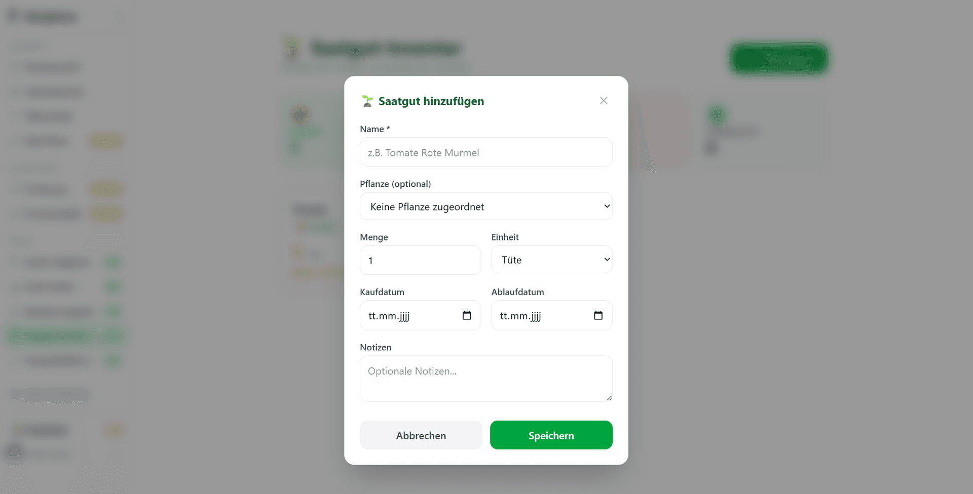 Neues Saatgut hinzufügen mit Name, Menge, Einheit und Ablaufdatum