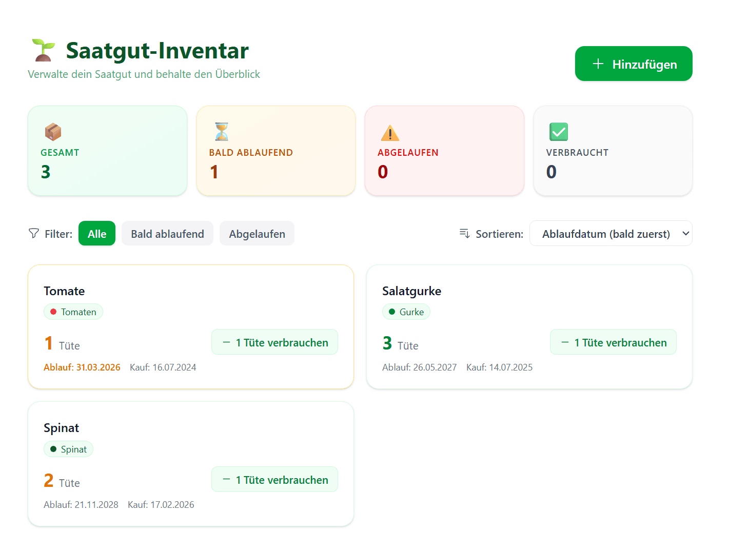 Saatgut-Inventar mit Bestandsliste und farbcodierten Ablaufwarnungen