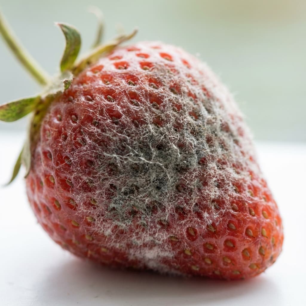 Grauschimmel an einer Erdbeere