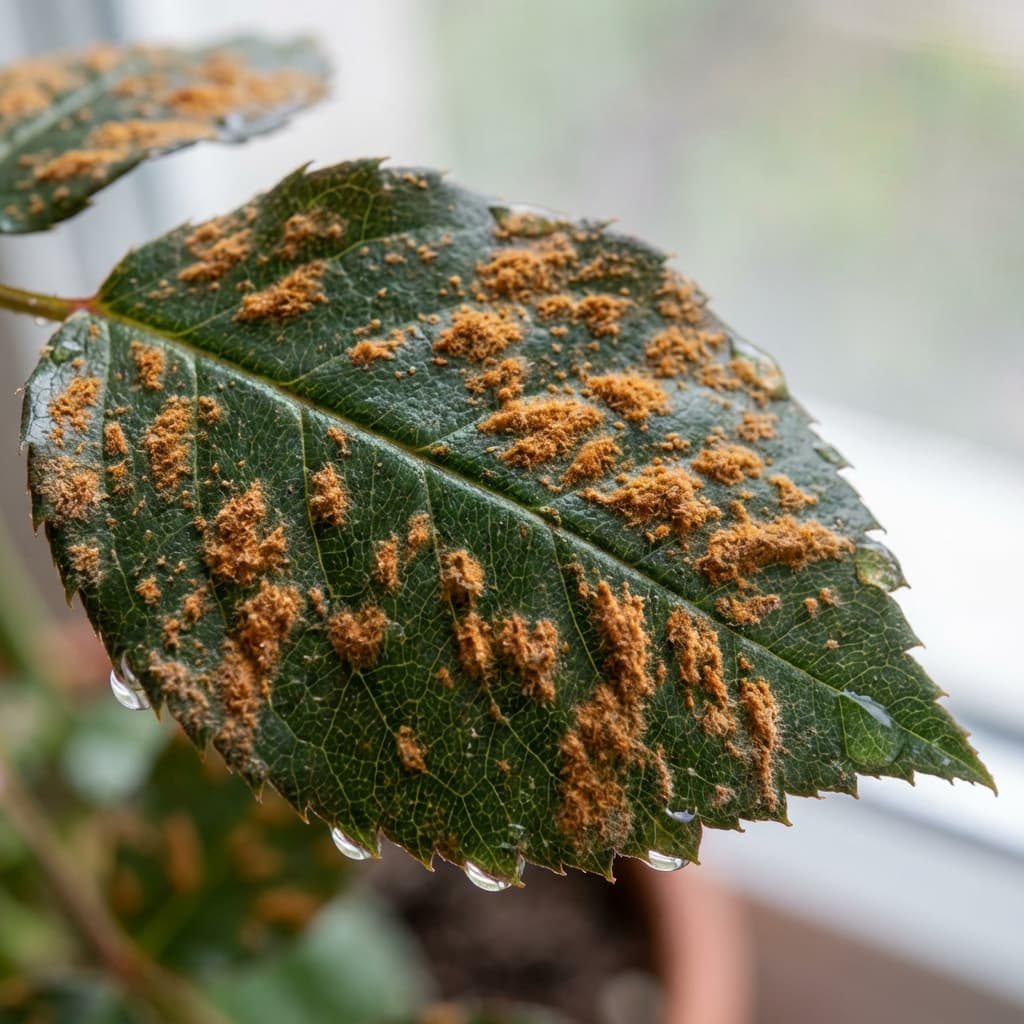 Rostpilz an einem Rosenblatt